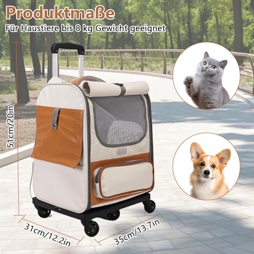 Cat Carrier Backpack, 3-in-1 with Wheels, Detachable Pet Backpack, with Sun Protection Roller Blinds, Ventilated Design, Multi Function Pet Rolling Carrier, for Dogs Cats Under 10kg or 22Lb (Beige)