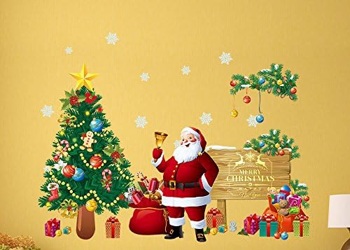 FinerMe Festival Christmas Glass Wall Decoration Large Removable Wall Sticker Christmas Tree Gifts Socks Santa Claus Print Wall Decals Window Clings