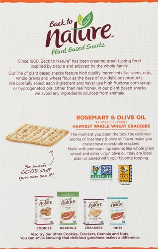 BACK TO NATURE ROSEMARY & OLIVE OIL HARVEST WHOLE WHEAT CRACKERS – DAIRY FREE, NON-GMO, MADE WITH WHOLE GRAIN WHEAT & SEA SALT, DELICIOUS & QUALITY SNACKS, 8.5 OUNCE