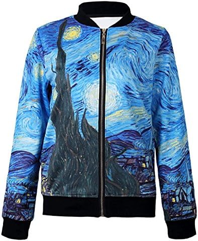 ZKCostume Women Baseball Jacket Full Zip Hoodie Jacket Coat (Blue, Van gogh, Large)