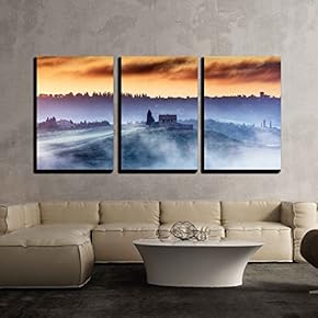 3 Piece Canvas Wall Art - A Villa on The Top of The Hill in a Misty Sunrise - Modern Home Art Stretched and Framed Ready to Hang - 16"x24"x3 Panels