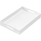 MUKEEN Glossy White Sturdy Acrylic Serving Tray with Handles 10x15x2H Inches -Spill Proof- Decorative Trays Countertop Organizer for Ottoman Coffee Table Nightstand, sidetable, Breakfast, Tea, Food
