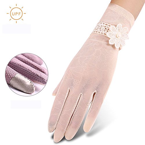 ZZCLSHIPIN (2Pcs) Sunscreen Gloves Women, Driving Electric Car Anti-Skid UV Gloves,Thin Short Summer Chiffon Ice Silk Touch Screen Lace Gloves,White