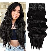 DOCUTE Natural Black Curly Wavy Hair Extensions Clip In For Women 4 Pieces, Full Head Long Curly ...