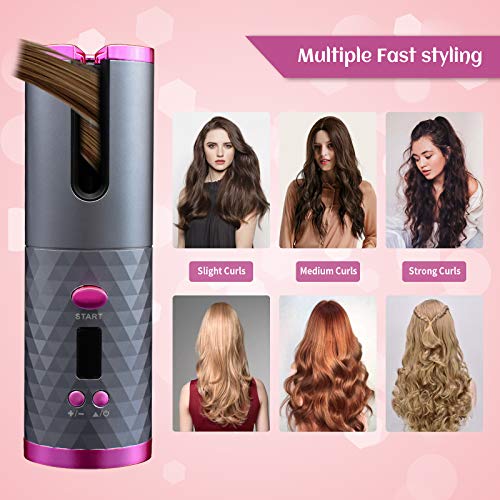 SULELA Cordless Hair Curler, Automatic Curling Iron with 6 Temperature Auto Rotating Ceramic Barrel Hair Curler Fast Heating, Portable USB Rechargeable Beach Waves Curling Iron Wand No Skills Required