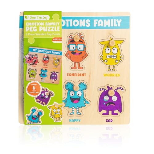 Open The Joy My Emotions Family Peg Puzzle – Emotional Recognition & Social Skills Puzzle for Kids | Montessori-Style Wooden Puzzle with 6 Emotion Pieces | Ages 4+