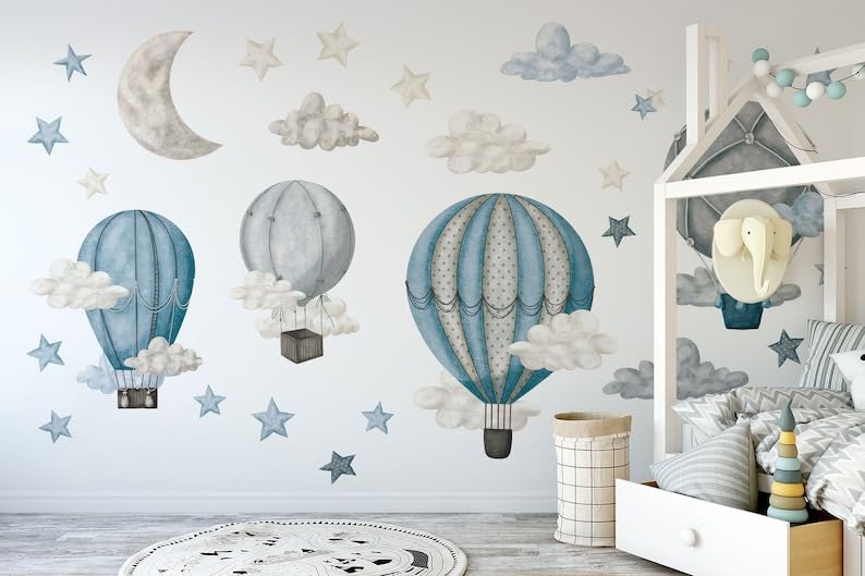 BelleImpression Hot Air Balloon Wall Stickers for Nursery Wall Decor, Removable Wall Decal Cloud Stickers for Kids Bedroom, Living Room, playroom - Blue Medium