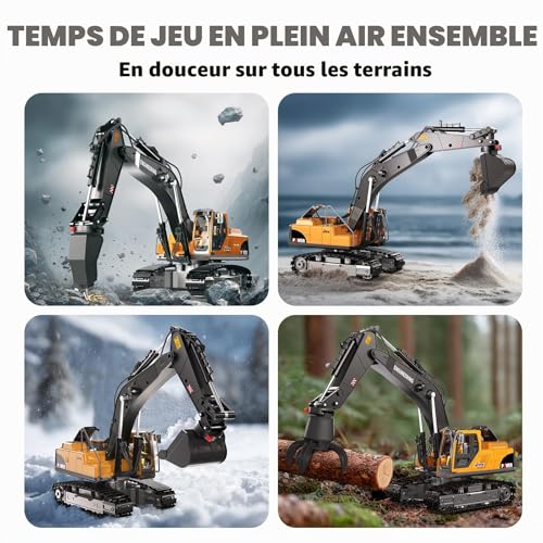 GraceDuck 3-in-1 Remote Control Excavator, 2.4 GHz with Sound & Light Functions – 680° Rotation and 3 Interchangeable Accessories, Suitable for Various Terraines, Ideal Toy for Children aged 6-12