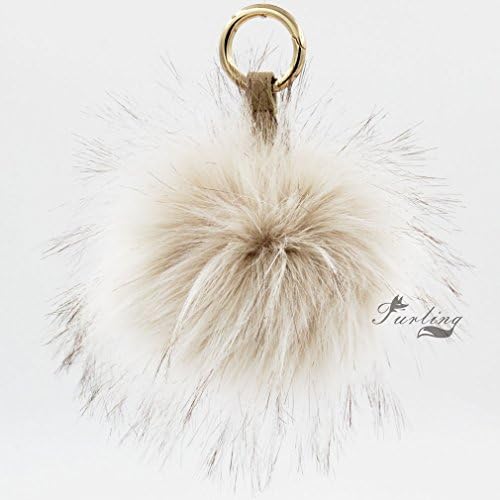 1PC 5INCH' Faux Raccoon Fur Large Ball Pom Pom Leather Keychain Womens Bag Purse Charms (Beige)