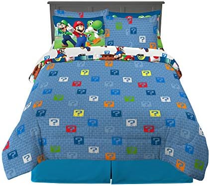 Super Mario themed bedding set including comforter and sheet with vibrant design.