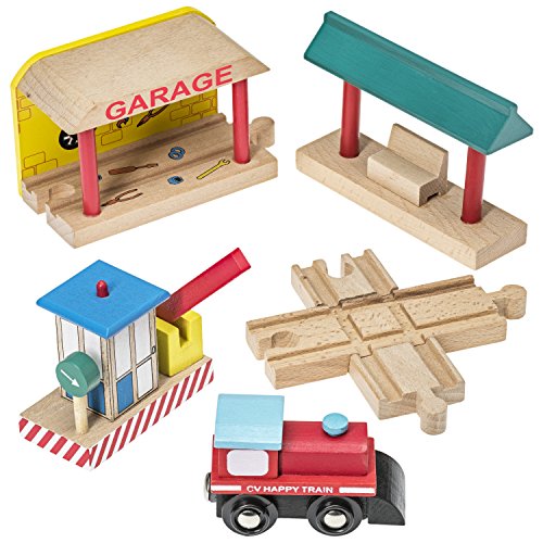Wooden Train Tracks Accessories Set 100% Compatible with All Major Train Brands - 5 Pieces - By Dragon Drew