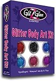Glitter Tattoo Kit- NEW GLITZ - with 6 Large Glitters & 12 Stencils - HYPOALLERGENIC and DERMATOLOGIST TESTED! - for boys & Girls. Children Tattoos by GlitZGlam Body Art