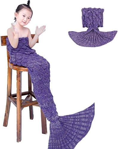 Awkli Kids Mermaid Tail Blanket, Knitted Crochet Fish-Scale Pattern Mermaid Sleeping Bag Quilt Christmas Gift for Child 59"x29" (Kids-Purple)