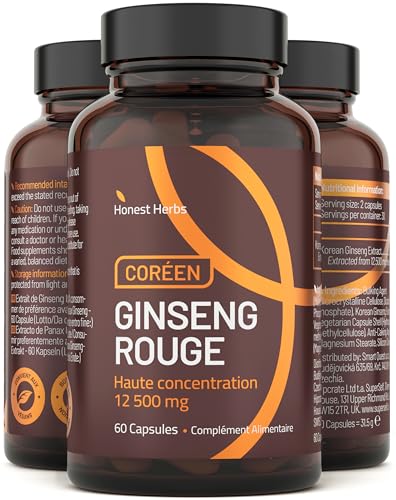 Ginseng Rouge de Corée Panax - Extra Fort 12 500 mg - 60 Gélules - Extrait de Racine de Ginseng avec 20% de Ginsénosides - Vegan
