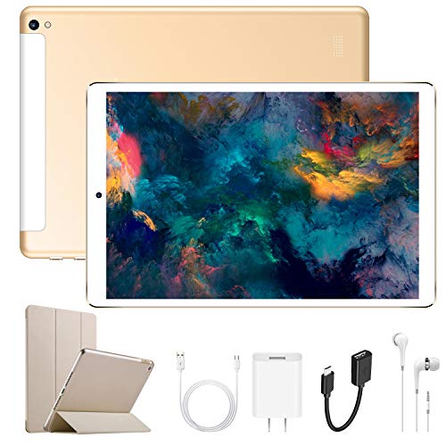 Android Tablet 10.1 Inch with Dual SIM IPS/HD, 2GB RAM 32GB Battery 6500mAh, 4G Android 7.1 Tablet PC Quad-Core Dual Camera, Mediapad WIFI/Bluetooth/GPS/OTG (Gold)