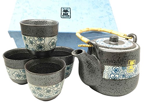 Japanese Design Charcoal Grey W/ Cherry Petals Ceramic Tea Pot and Cups Set Serves 4 Beautifully Packaged in Gift Box Excellent Home Decor Asian Living