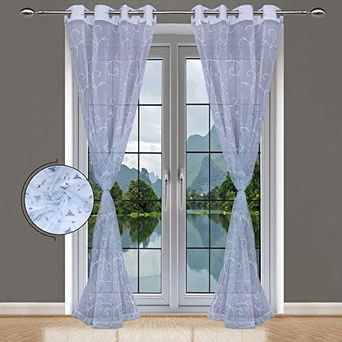 JVIN FAB polyester Transparent Embroidery Eyelet Grommet Door Curtains (7 Feet, Sky) - Set of 2 pcs - Made in India [7P-7']