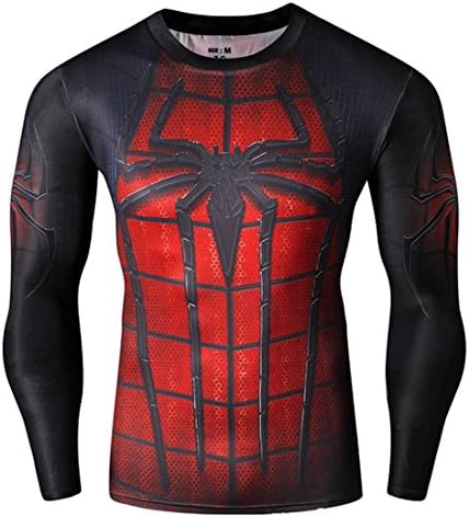 Christine Hahn Mens Super Hero Theme Long Sleeve Speed Drying Sport T-Shirts Spider Man XL
