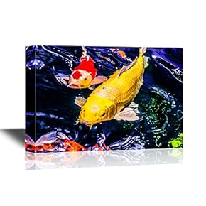 Japanese Culture Canvas Wall Art - Yellow and Red Carp in a Pond - Gallery Wrap Modern Home Art | Ready to Hang - 12x18 inches