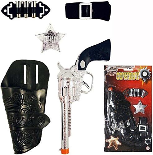 HK Toys 6 Pc Cowboy SHERRIF GUN SET -1 Gun & Holster, Belt, Toy Bullets & Holder, Badge & SMILEY FACE Magnet