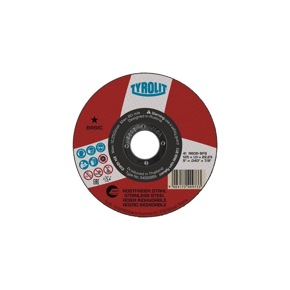 Tyrolit 34332868 Basic Cutting Discs, 41, A60R-BFINOX, New, 115 x 1.0 x 22.23 mm, Box of 25