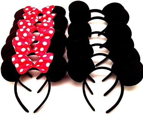 12 pc Minnie Mickey Mouse Ears Headbands Black Red Polka Dot Bow Birthday Party favors
