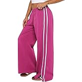 Justalwart Women's Elasticated Waistband Side Pockets Double Stripe Split at Bottom Hem Wide Leg Pants
