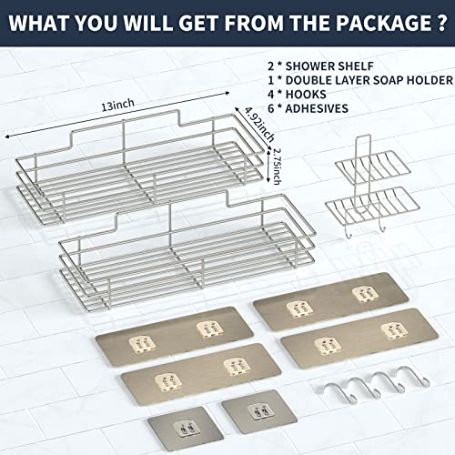 Shower Caddy Bathroom Organizer Shelf 3PCS with Soap Holder, Adhesive Shower Shelf, Caddy Basket Shelves with Hooks, Rustproof 304 Stainless Steel Shower Organizers and Storage Rack for Kitchen