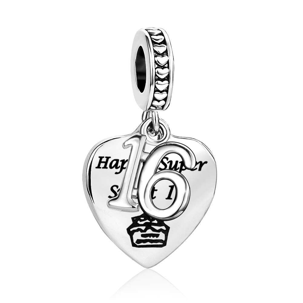 16th Happy Birthday Cake Love Heart Dangle Charm Compatible with Pandora Charms Bracelets Super Sweet 16 Women Sister Granddaughter Daughter