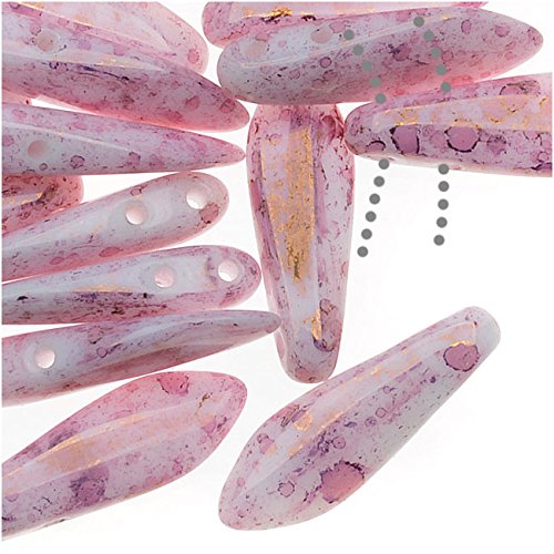CzechMates Glass 2-Hole Dagger Spear Beads 16x5mm - Opaque Topaz Luster/Pink
