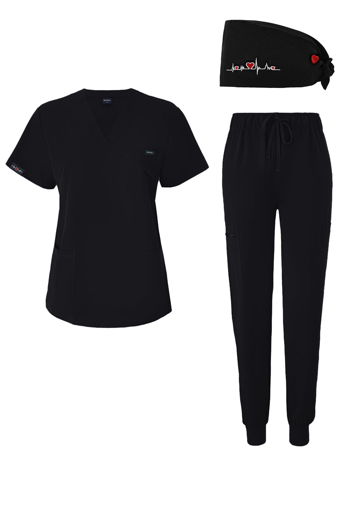 Photo 1 of BuyiRen Women's V-Neck Scrubs Set With Cap, Stretchy Top and Jogger Pants, 11 Pockets Nursing Uniform Black US 12-14