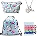 Unicorn Gifts for Girls - Unicorn Drawstring Backpack/Makeup Bag/Inspirational Necklace/Hair Ties (Blue)