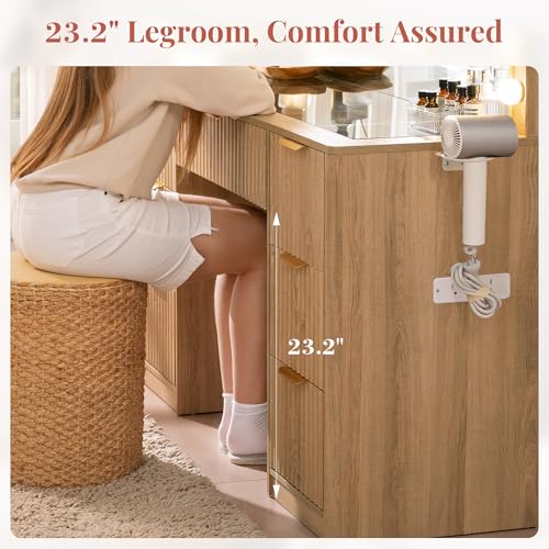 Jocisland 47.2" Fluted Vanity Desk with Mirror and Adjustable LED Lights, Large 7 Drawers Makeup Table with Glass Top and Charging Station for Women and Girls, Bedroom or Dorm, Natural Oak