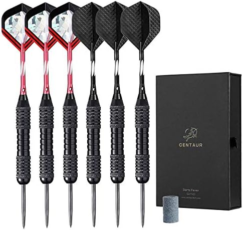 Centaur 6 Pack Steel Tip Darts, Professional Metal Darts Set 22 Grams with Aluminum Shafts and 2 Style Flights + Dart Sharpener + Dart Case