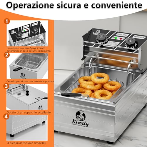 20L Electric Fryer, 3500W Commercial Deep Fryer with Baskets, Stainless Steel Double Bowl Fryer with Time and Temperature Control (Single Fryer 10L IO4)
