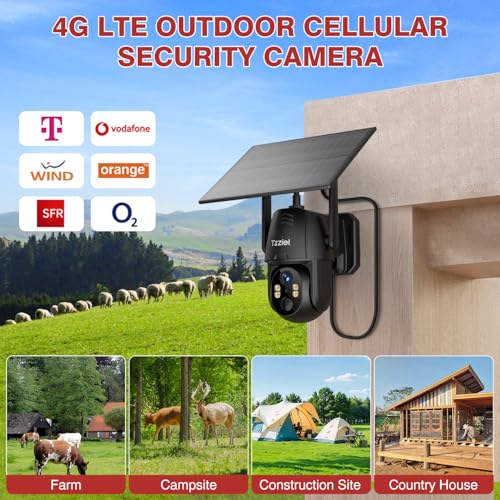 Tzziel 4G LTE Solar Outdoor Surveillance Camera Without WiFi with SIM Card, 2K PTZ Wireless, 10400mAh, 6W Solar Panel, 360° Viewing, Motion Detection, Two-Way Audio, IP66