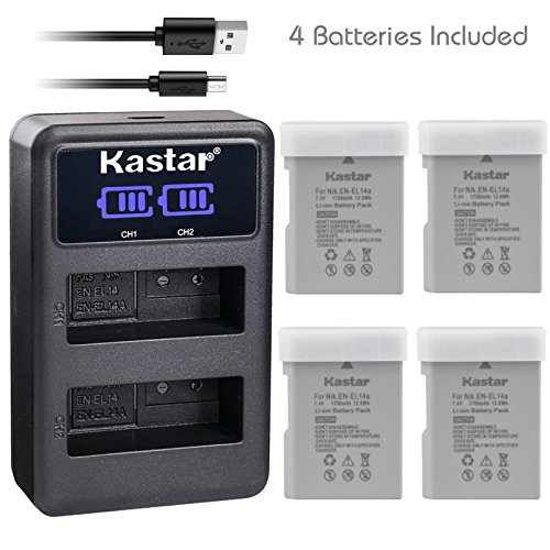 Kastar Battery 4 Pack and LED Dual Charger for Nikon EN-EL14a EN-EL14 MH-24, Nikon Coolpix P7000 Coolpix P7100 Coolpix P7700 Coolpix P7800 Nikon D3100 D3200 D3300 D3400 D5100 D5300 D5500 D5600 Df DSLR