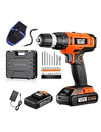 Taladro inalámbrico LOMVUM 20V taladro eléctrico con baterías de iones de litio, 1 cargador más rápido, portabrocas sin llave de 2 velocidades, eje magnético flexible, LED, bolsa de cintura, funda compacta, accesorios extra 46 piezas