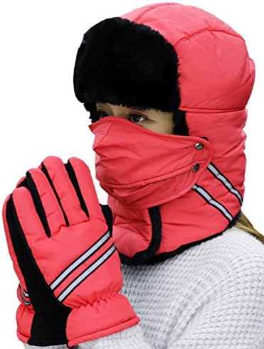 Trooper Trapper Hat With Warm Gloves Winter Hat Ear Flap Windproof Mask For Men Women Hunting Hat Aviator Cap Hat (red)