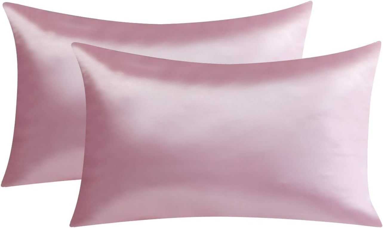 BESTELLIE Satin Pillowcases Set of 2 for Hair Cool and Prevent Wrinkles with Hidden Zipper Queen Size 20"x30" (Pink)