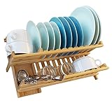 WELLAND Bamboo 2-Tier Dish Rack,19.5 x 12.5 x 9.5 inches Drying Full-Size Dinner Plates Folding Holder Utensil Drainer