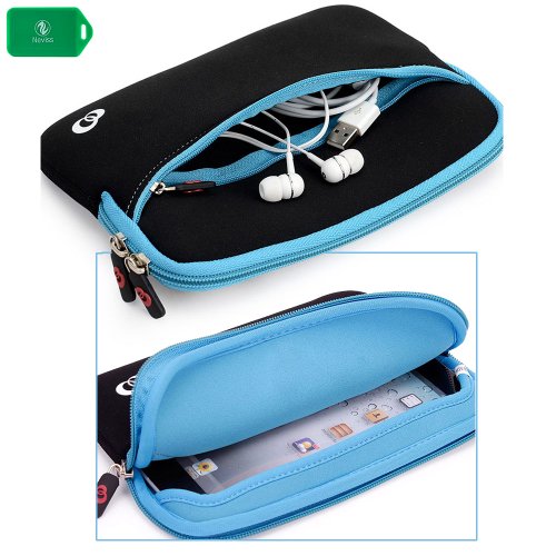 SLIM NEOPRENE SLEEVE WITH FRONT POCKET FOR ACCESSORIES in BLACK/BABY BLUE TRIM for Amazon Kindle Fire 2011 edition - Thumbnail 4