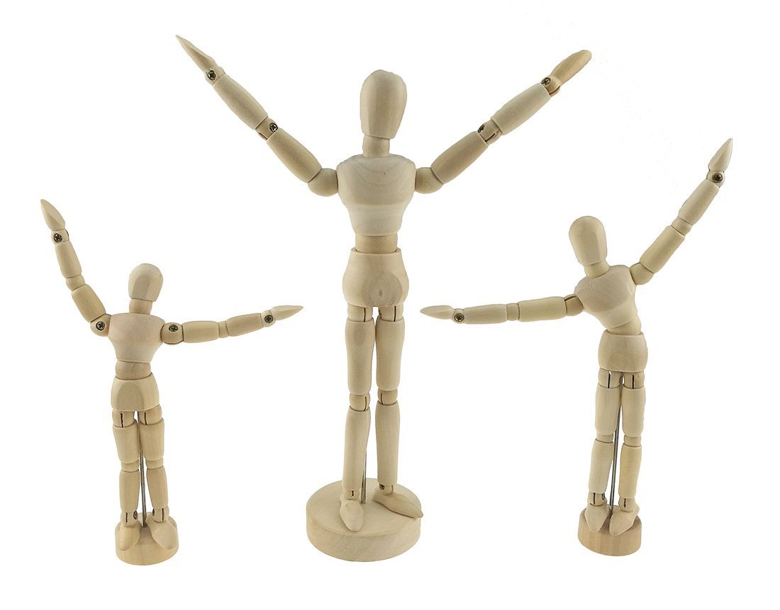 Set of 3 Wood Mannequin Articulated Mannequin with Base Wood Fully Jointed Movable Manikin Artist Mannequin for Sketching Drawing