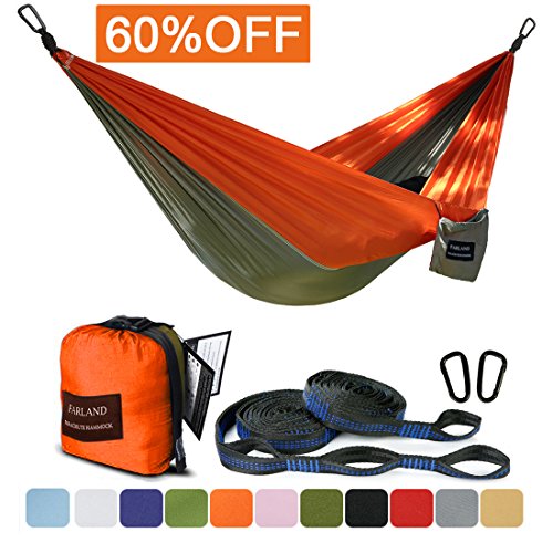 Outdoor Camping Hammock - Portable Anti-fade Nylon Double Hammock with 2 Piece 16 Loop Straps by FARLAND - Parachute Lightweight Hammock for Hiking Backpacking