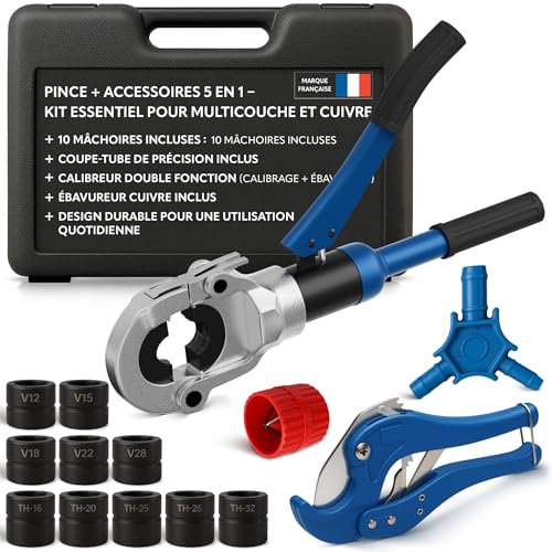 Multilayer & Copper Crimping Pliers 10 Jaws TH+V - Complete Kit with Multilayer Tube Cutter, Calibrator, Copper Deburring - PER-Compatible - NEEZRA