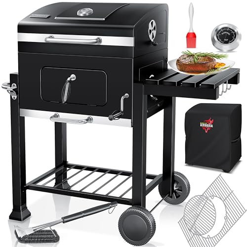 ® Barbecue con Carrello XL Barbecue a carbonella con Coperchio, Ruote, Manico in Acciaio Inox, griglia e termometro a carbonella,Grande Barbecue a carbonella Barbecue da Campeggio