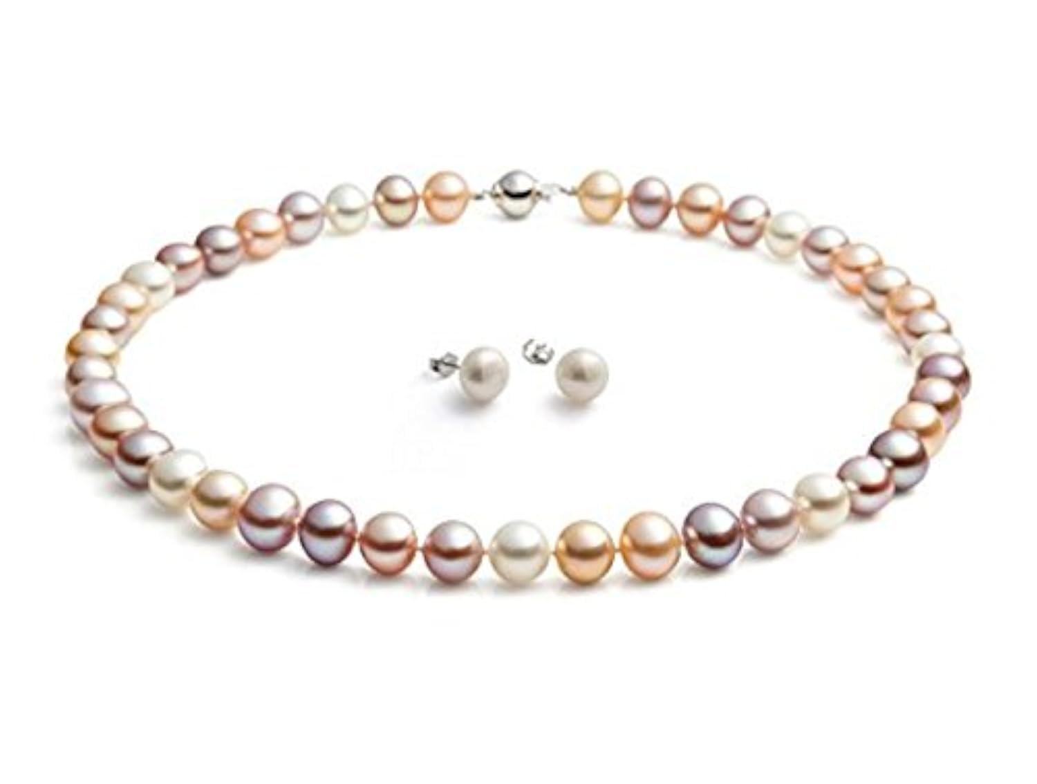 TreasureBay Women's Multi-Colour Freshwater Pearl Necklace and Stud Earrings Set