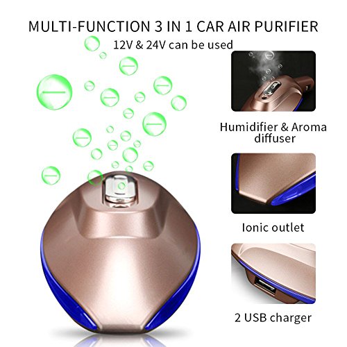 Car air purifier ionizer , 2 USB ports car charger,Car air freshener aromatherapy essentioal oil diffuser and air humidifier for 12V car/24V Vehicle - Thumbnail 7