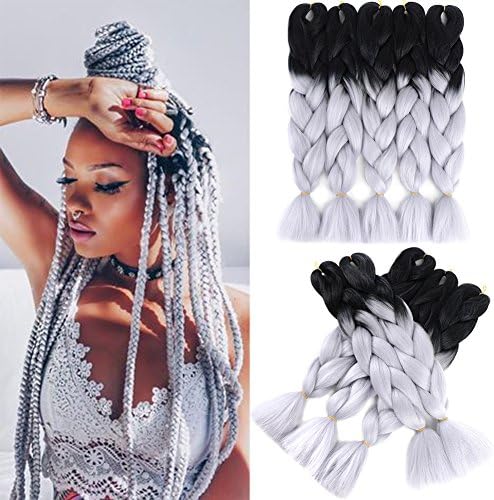 LingXiu Two Tone Ombre Synthetic Braiding Hair Extension 5Pcs/Lot 24" High Temperature Jumbo Braid Hair Kanekalon Synthetic Fiber(Black-Silver Gray)