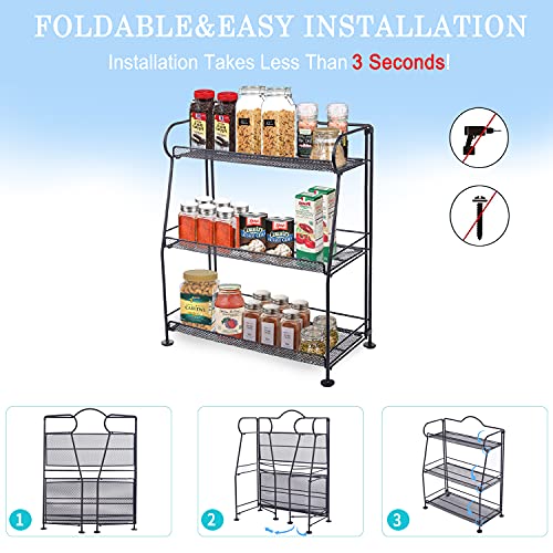 MRINDA Foldable 3 Tier Spice Rack Organizer for Cabinet, 2 Tier Metal Spice Holder Standing Shelf Storage With Guardrail for Kitchen Countertops Bathroom Office